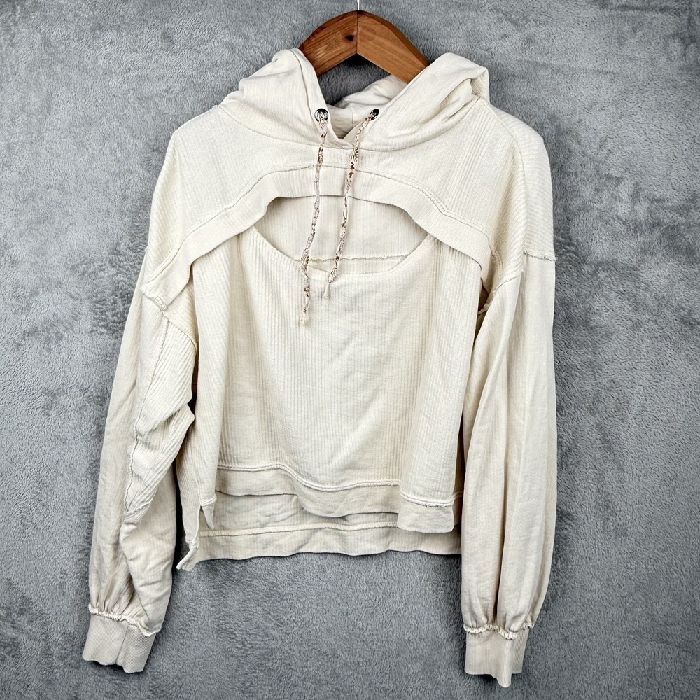 Pilcro by Anthropologie Sweatshirt Womens S Cream Ribbed Cotton Hooded Cutout